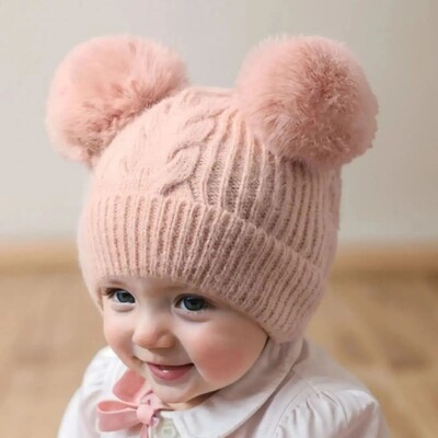 1buc pălărie cu pompon dublu pentru bebeluși, pălărie drăguță cu inimă caldă de iarnă, tricot confortabil, pentru copii 1-3 ani