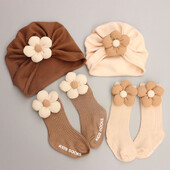 0-12M Doplnky pre dojčatá Roztomilý kvet Jesenné a zimné bavlnené teplé novorodenecké dievčenské čiapky Ponožky Dvojdielna sada