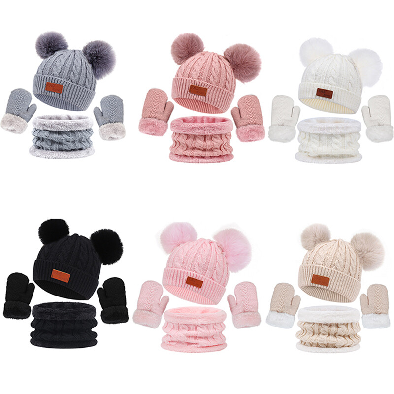 Детска зимна шапка, шал, ръкавици, комплект с двойна топка, поларена подплата, бебешки шапки за момче, момиче, едноцветно бебешко плетене, шапка с шапка 1-4 години