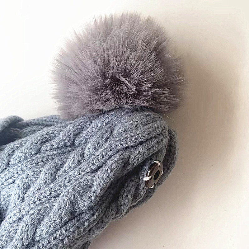 Детска зимна шапка, шал, ръкавици, комплект с двойна топка, поларена подплата, бебешки шапки за момче, момиче, едноцветно бебешко плетене, шапка с шапка 1-4 години