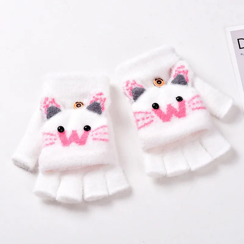 Mielos vaikiškos pirštinės žieminės šiltos dirbtinio kailio megztos berniuko mergaitės vaikiškos pirštinės animacinis filmas Puspirščio atverčiamas dangtelis lauko kumštinės 5-12 metų