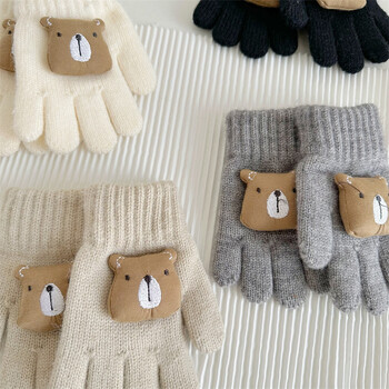 Bear Cute Baby Gloves Winter Warm Thicken Knitted Full Fingers Gants for boy girl Solid color Cartoon Παιδικά γάντια ιππασίας