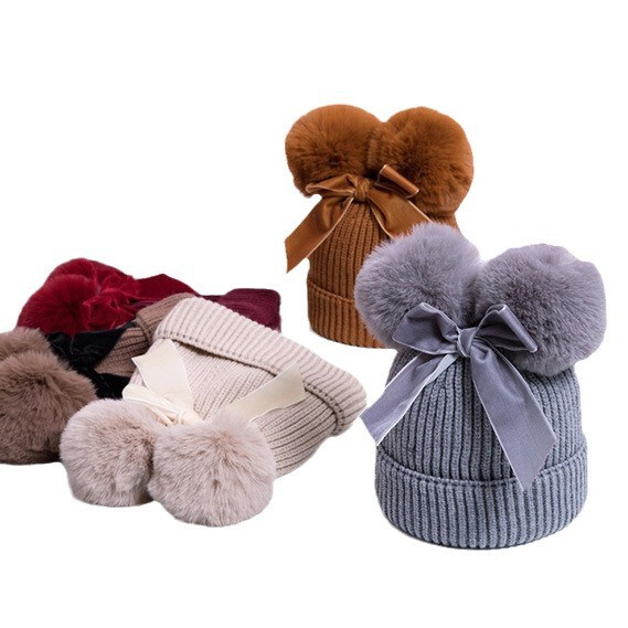 Velvet Ball D2 Kötött Gyapjú Gyerek Kerek Meleg Kis Kalap Téli 405 Baba Dupla masni