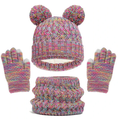 PomPom Knit Kids Beanie Šalle Cimdi komplekts Zēniem Meitenēm Ziemas Cepures Jauki Flīsa Bērnu Beanie Cepures Trikotāžas Kakla sildītājs 3Gb