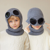 2 бр. Зимни детски шапки Комплект шалове Плюшено плетено боне за малко дете със слънчеви очила Шапки за защита на ушите на бебета Детска топла шапка 4-10 г.