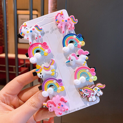 10PCS/Set Нови момичета Сладък анимационен еднорог Щипки за коса Детски Прекрасни фиби за коса Сладолед Лента за глава Шноли Модни аксесоари за коса