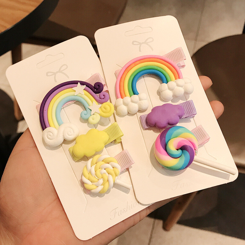 3db/tétel Új Aranyos Gyerek hajtű édes Rainbow nyalóka színű frufru klip BB klip Rajzfilm hajtű klip haj kiegészítők