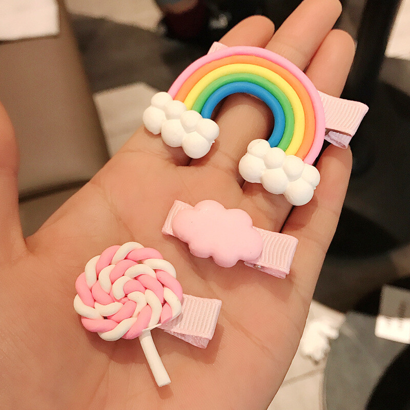 3db/tétel Új Aranyos Gyerek hajtű édes Rainbow nyalóka színű frufru klip BB klip Rajzfilm hajtű klip haj kiegészítők