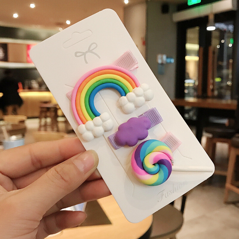 3db/tétel Új Aranyos Gyerek hajtű édes Rainbow nyalóka színű frufru klip BB klip Rajzfilm hajtű klip haj kiegészítők