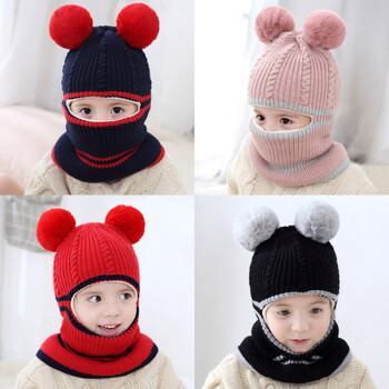 Winter Kids Plus Fleece Καπέλα Beanie Χοντρό ζεστό πλεκτό καπέλο Balaclava για Παιδικά Υπαίθρια Κορίτσια Αγόρια Κάλυμμα Προσώπου Hairball Bib Mask