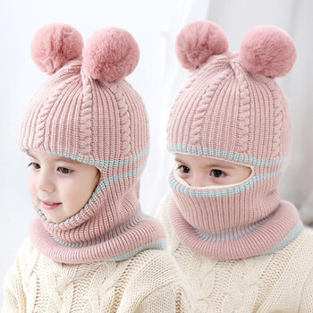 Winter Kids Plus Fleece Καπέλα Beanie Χοντρό ζεστό πλεκτό καπέλο Balaclava για Παιδικά Υπαίθρια Κορίτσια Αγόρια Κάλυμμα Προσώπου Hairball Bib Mask