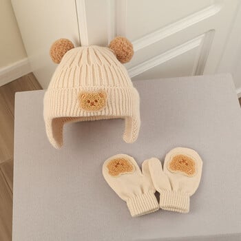 2 τεμ. Witer Baby Woolen Hat Gloves Set Korean Bear Προστατευτικό κάλυμμα αυτιού για νήπια Χαριτωμένα βρεφικά γάντια 6-24 εκατ. Παιδικά πλεκτά καπό από φασόλια