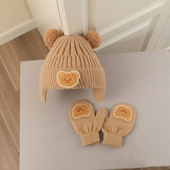 2 τεμ. Witer Baby Woolen Hat Gloves Set Korean Bear Προστατευτικό κάλυμμα αυτιού για νήπια Χαριτωμένα βρεφικά γάντια 6-24 εκατ. Παιδικά πλεκτά καπό από φασόλια