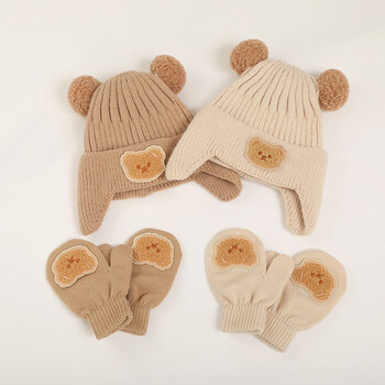 2 τεμ. Witer Baby Woolen Hat Gloves Set Korean Bear Προστατευτικό κάλυμμα αυτιού για νήπια Χαριτωμένα βρεφικά γάντια 6-24 εκατ. Παιδικά πλεκτά καπό από φασόλια