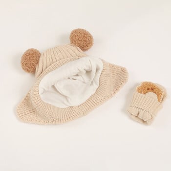 2 τεμ. Witer Baby Woolen Hat Gloves Set Korean Bear Προστατευτικό κάλυμμα αυτιού για νήπια Χαριτωμένα βρεφικά γάντια 6-24 εκατ. Παιδικά πλεκτά καπό από φασόλια