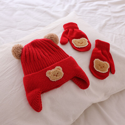 2 τεμ. Witer Baby Woolen Hat Gloves Set Korean Bear Προστατευτικό κάλυμμα αυτιού για νήπια Χαριτωμένα βρεφικά γάντια 6-24 εκατ. Παιδικά πλεκτά καπό από φασόλια