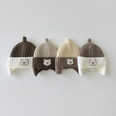 Ziemas Bērnu Ausu Aizsargi Cepure Mode Krāsa Block Bērni Ausu aizbāžņi Cepurītis Cute Bear Baby Vilnas pārsegs 1-4year Beanie Infant Beanie