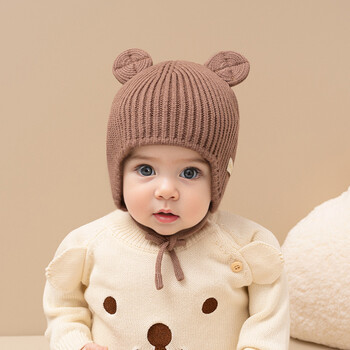 Bear Baby Ear Protection Μάλλινο καπάκι μονόχρωμο νήπιο Beanie Παιδικό πλεκτό καπέλο 1-4 ετών Αγόρι κορίτσι Παιδικά Χειμερινά ζεστά καλύμματα κεφαλής