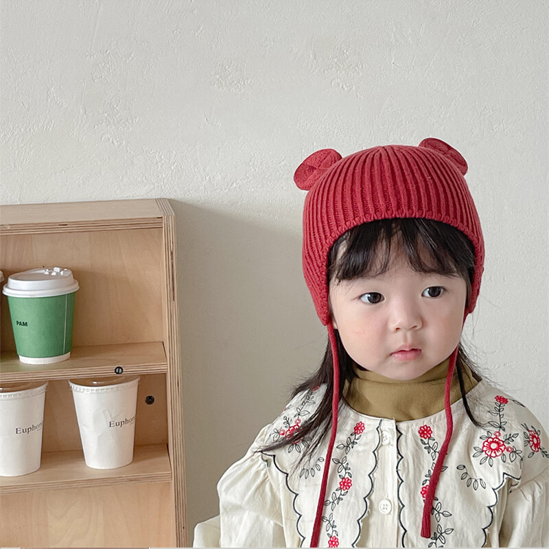 Bear Baba fülvédő gyapjú sapka egyszínű tipegő sapka gyerekeknek kötött sapka 1-4 éves fiú lány gyerekeknek téli meleg fejfedő