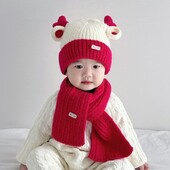 Kézzel készített szarvas agancs baba sapka sál 2 részes szett Téli divatos gyerek fülvédő meleg és hidegálló kötött gyapjú szett