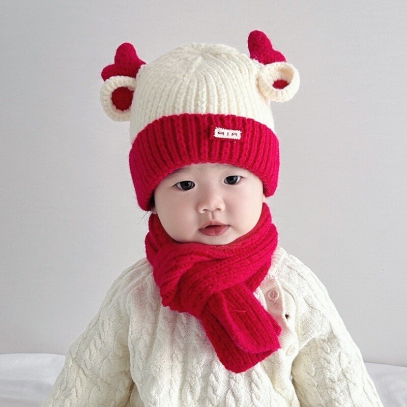 Kézzel készített szarvas agancs baba sapka sál 2 részes szett Téli divatos gyerek fülvédő meleg és hidegálló kötött gyapjú szett