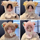 Căciulă de eșarfă pentru copii Kawaii de iarnă, șapcă de protecție a urechilor cu îngroșare integrată de desene animate, căciulă casual de pluș, eșarfă pentru băieți, fete