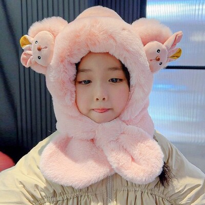Căciulă de eșarfă pentru copii Kawaii de iarnă, șapcă de protecție a urechilor cu îngroșare integrată de desene animate, căciulă casual de pluș, eșarfă pentru băieți, fete