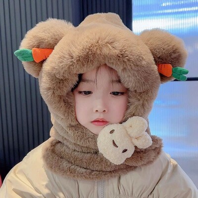 Căciulă de eșarfă pentru copii Kawaii de iarnă, șapcă de protecție a urechilor cu îngroșare integrată de desene animate, căciulă casual de pluș, eșarfă pentru băieți, fete