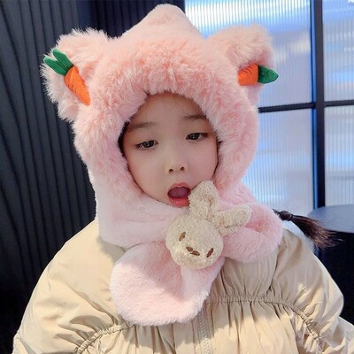Căciulă de eșarfă pentru copii Kawaii de iarnă, șapcă de protecție a urechilor cu îngroșare integrată de desene animate, căciulă casual de pluș, eșarfă pentru băieți, fete
