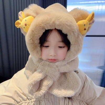 Căciulă de eșarfă pentru copii Kawaii de iarnă, șapcă de protecție a urechilor cu îngroșare integrată de desene animate, căciulă casual de pluș, eșarfă pentru băieți, fete