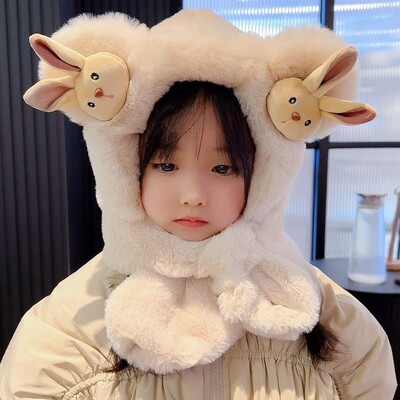 Căciulă de eșarfă pentru copii Kawaii de iarnă, șapcă de protecție a urechilor cu îngroșare integrată de desene animate, căciulă casual de pluș, eșarfă pentru băieți, fete
