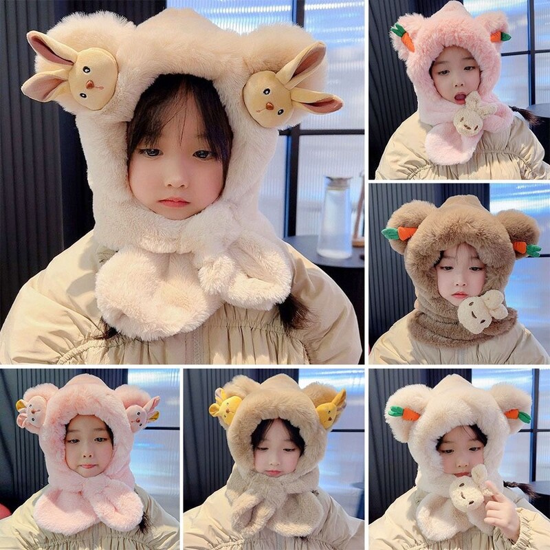 Căciulă de eșarfă pentru copii Kawaii de iarnă, șapcă de protecție a urechilor cu îngroșare integrată de desene animate, căciulă casual de pluș, eșarfă pentru băieți, fete