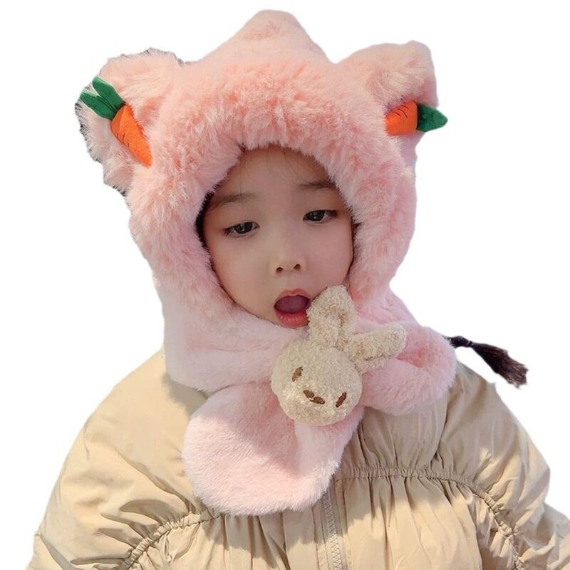 Căciulă de eșarfă pentru copii Kawaii de iarnă, șapcă de protecție a urechilor cu îngroșare integrată de desene animate, căciulă casual de pluș, eșarfă pentru băieți, fete
