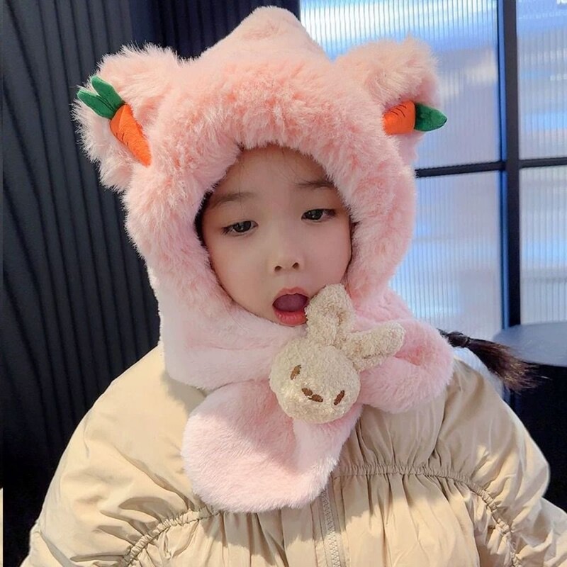Căciulă de eșarfă pentru copii Kawaii de iarnă, șapcă de protecție a urechilor cu îngroșare integrată de desene animate, căciulă casual de pluș, eșarfă pentru băieți, fete
