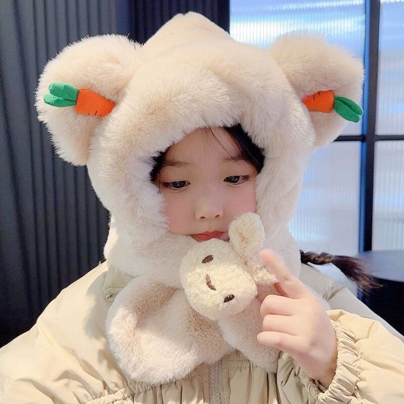 Căciulă de eșarfă pentru copii Kawaii de iarnă, șapcă de protecție a urechilor cu îngroșare integrată de desene animate, căciulă casual de pluș, eșarfă pentru băieți, fete