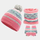 Copii Copii Iarna Tricotate 3 Piese Beanie Hat Esarfa Mănuși Set Contrast Color Dungate Gros Pluș Căptușit Pompon Skull Cap Gât