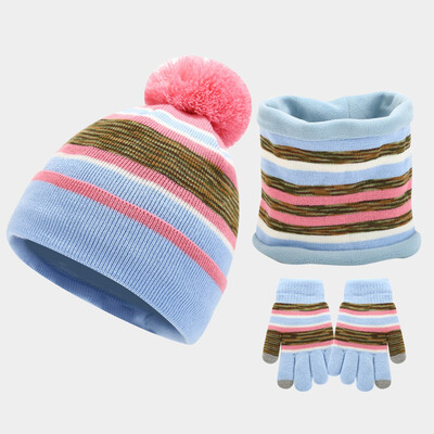 Copii Copii Iarna Tricotate 3 Piese Beanie Hat Esarfa Mănuși Set Contrast Color Dungate Gros Pluș Căptușit Pompon Skull Cap Gât