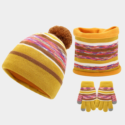 Copii Copii Iarna Tricotate 3 Piese Beanie Hat Esarfa Mănuși Set Contrast Color Dungate Gros Pluș Căptușit Pompon Skull Cap Gât