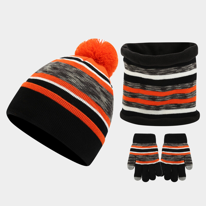 Copii Copii Iarna Tricotate 3 Piese Beanie Hat Esarfa Mănuși Set Contrast Color Dungate Gros Pluș Căptușit Pompon Skull Cap Gât