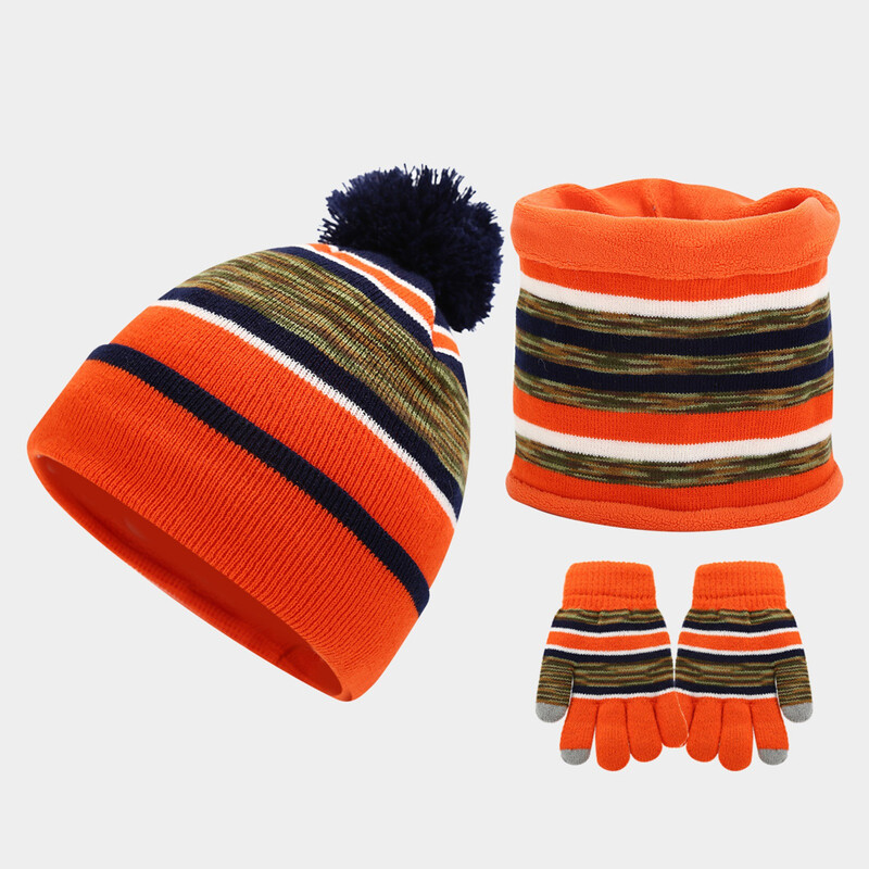 Copii Copii Iarna Tricotate 3 Piese Beanie Hat Esarfa Mănuși Set Contrast Color Dungate Gros Pluș Căptușit Pompon Skull Cap Gât