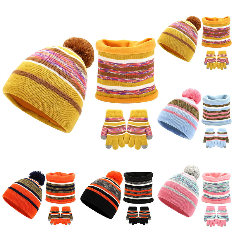 Copii Copii Iarna Tricotate 3 Piese Beanie Hat Esarfa Mănuși Set Contrast Color Dungate Gros Pluș Căptușit Pompon Skull Cap Gât