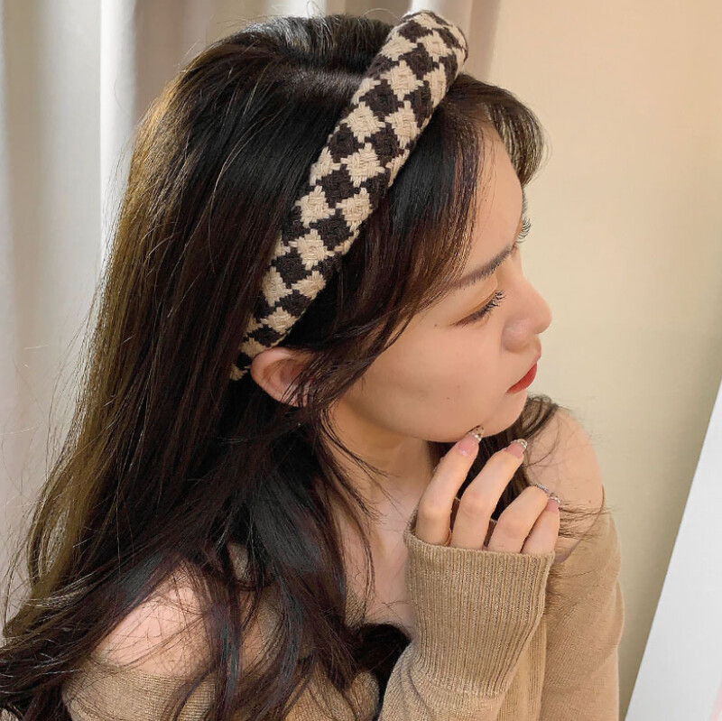 Őszi/téli új fekete-fehér kockás fejpánt szivacs széles hajpánt női lányoknak elegáns hajkarika divatos hajkiegészítők