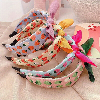 Nyomtatás Fruit Bowknot hajpánt epres fejpánt női lányoknak koreai széles hajú karika Szövet fejfedők mindennapos hajkiegészítők