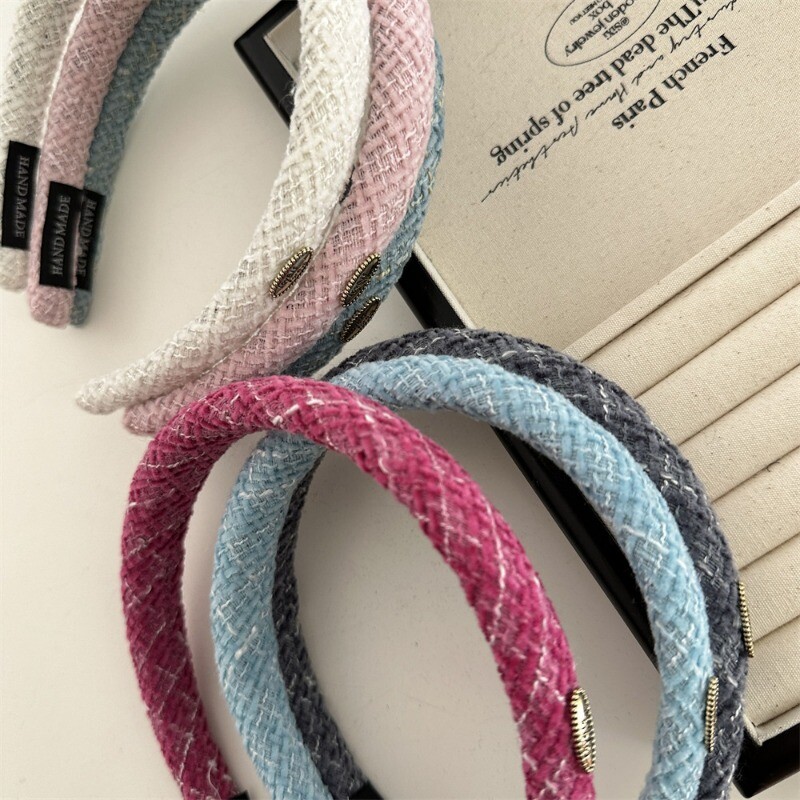 Vilnonė languota siauro leidimo plaukų juosta elipsės formos aukso spalvos etiketė Korėjietiškos tekstūros galvos juosta plaukų lankelis kasdieniai universalūs plaukų aksesuarai