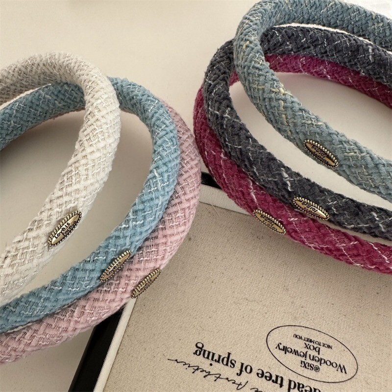 Vilnonė languota siauro leidimo plaukų juosta elipsės formos aukso spalvos etiketė Korėjietiškos tekstūros galvos juosta plaukų lankelis kasdieniai universalūs plaukų aksesuarai