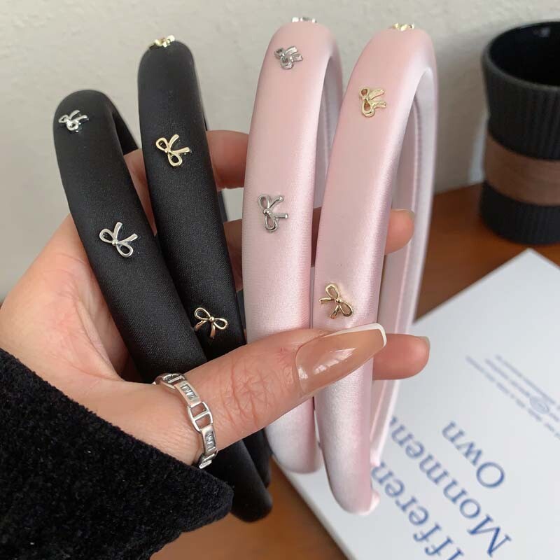 Vintage rózsaszín masni hajkarika fejpánt női lányoknak Elegáns egyszínű szivacs vastag hajpánt fejfedő hajkiegészítők