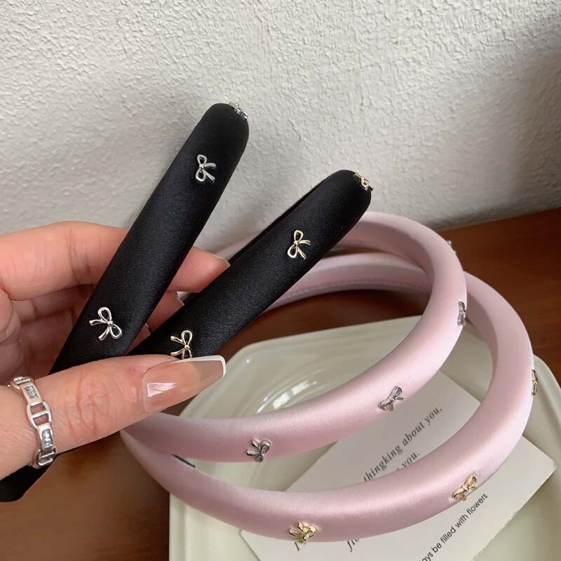 Vintage rózsaszín masni hajkarika fejpánt női lányoknak Elegáns egyszínű szivacs vastag hajpánt fejfedő hajkiegészítők