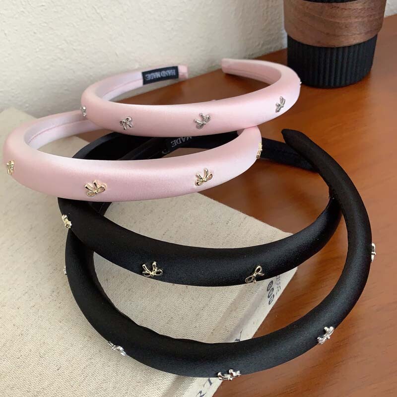 Vintage rózsaszín masni hajkarika fejpánt női lányoknak Elegáns egyszínű szivacs vastag hajpánt fejfedő hajkiegészítők