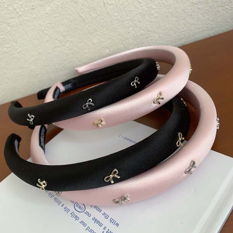 Vintage rózsaszín masni hajkarika fejpánt női lányoknak Elegáns egyszínű szivacs vastag hajpánt fejfedő hajkiegészítők