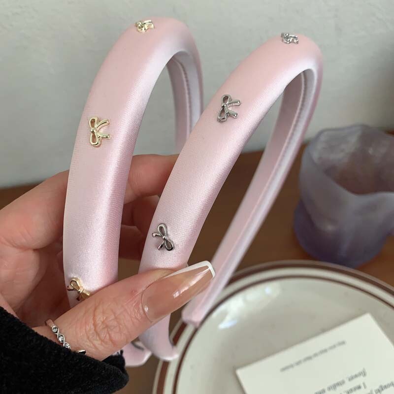 Vintage rózsaszín masni hajkarika fejpánt női lányoknak Elegáns egyszínű szivacs vastag hajpánt fejfedő hajkiegészítők